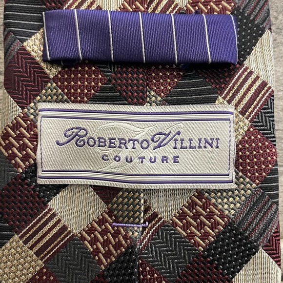 Roberto Villini Other - Roberto Villini Couture 100% Silk Tie Men's Burgundy Grey Black Quilt Pattern